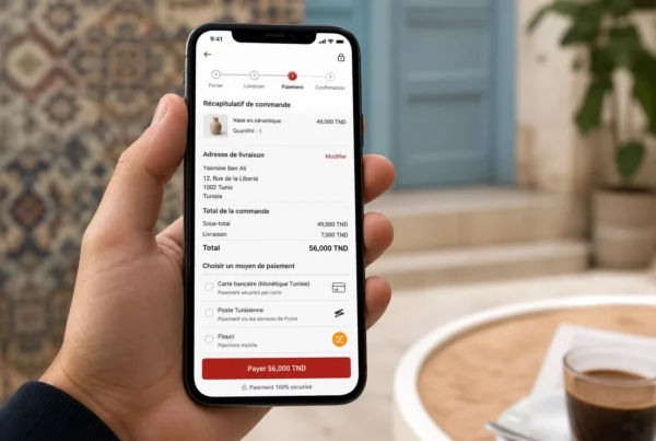 Parcours de paiement d’un site e-commerce à Tunis affiché sur un smartphone