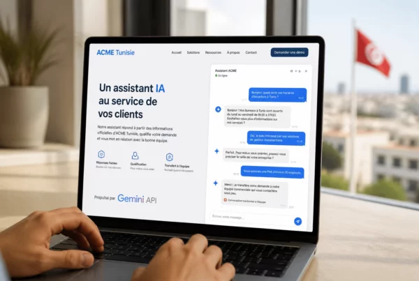 Chatbot IA d’entreprise à Tunis conçu avec l’API Gemini pour répondre aux clients et transmettre les demandes aux équipes