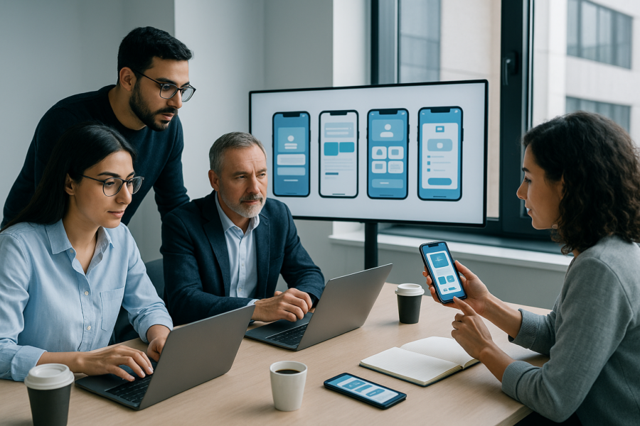 Équipe de développement mobile en réunion dans un bureau tunisien