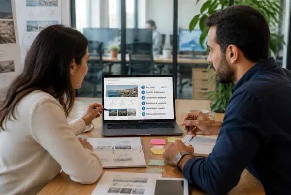 Dirigeant et consultante analysant les critères de choix d’une agence web
