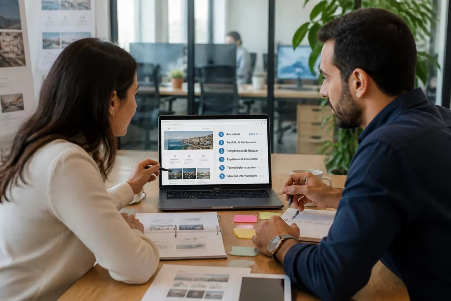 Dirigeant et consultante analysant les critères de choix d’une agence web