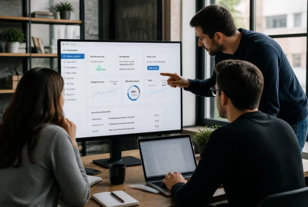Équipe technique contrôlant la sécurité et la maintenance d’un site web