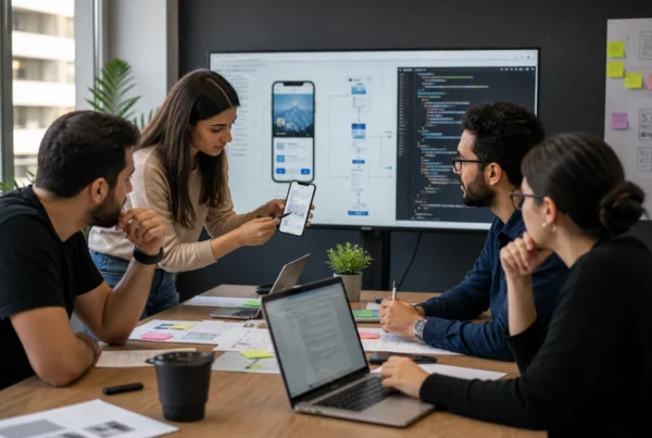 Équipe contrôlant un développement d’application mobile assisté par IA