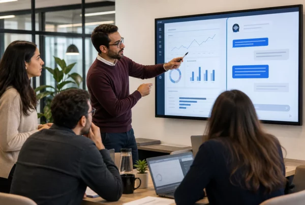 Équipe professionnelle travaillant sur une solution d’intelligence artificielle en entreprise