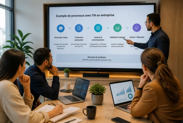 Équipe en entreprise analysant des usages de l’intelligence artificielle
