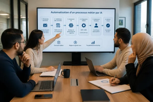 Équipe analysant un processus métier automatisé par intelligence artificielle