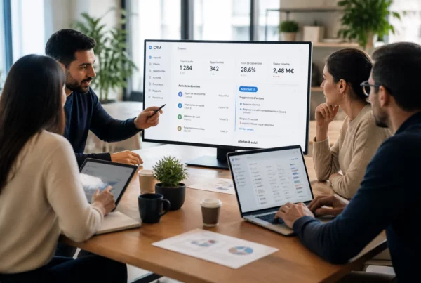 Équipe utilisant un CRM métier enrichi par l’intelligence artificielle