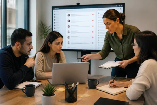 Professionnelle analysant des commentaires sensibles sur les réseaux sociaux