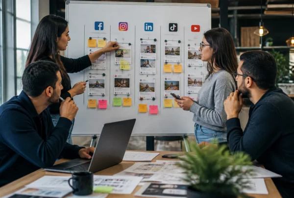 Équipe préparant une stratégie de contenus pour les réseaux sociaux