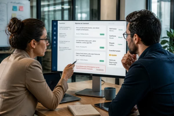 Équipe évaluant la fiabilité d’un assistant intelligent en entreprise
